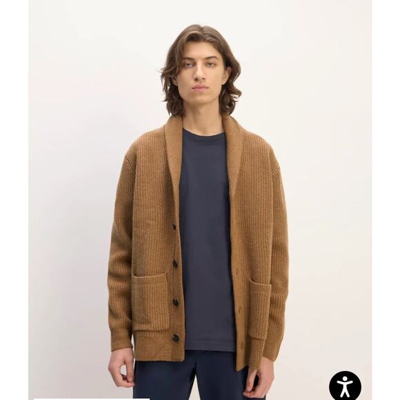 Everlane Shawl Cardigan Sweater Sz L 100% Wool Tan 5 Button Relaxed Grandpacore - Picture 7 of 11
